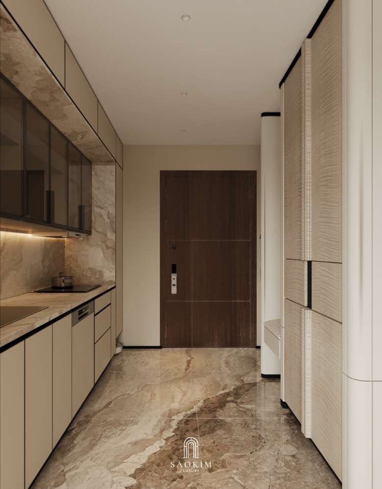 Không gian phòng bếp với diện tích thông thoáng trong thiết kế nội thất chung cư cao cấp Lumière Evergreen phong cách Quiet Luxury
